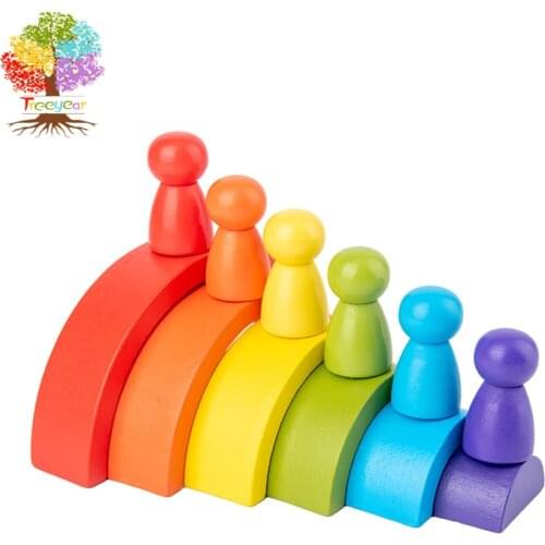 Treeyear Montessori Toddler Wooden Toys Wooden Rainbow Stacker Large Nesting Puzzle Blocks Educational Toys for Kids Baby