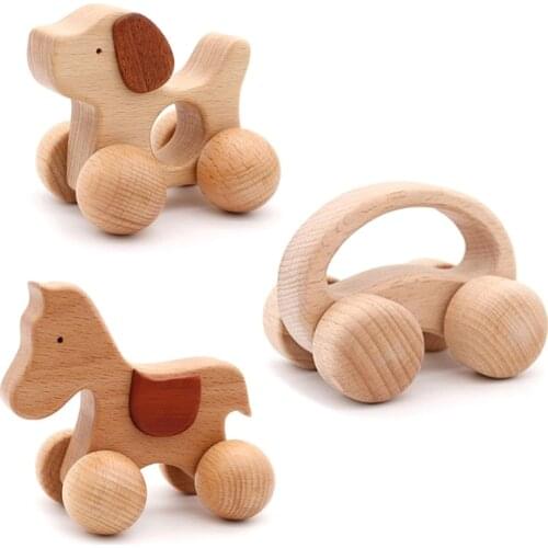 Montessori Toys Wooden Rattle Brain Game Car, Handmade Crafts Gift Child Block Car, 1Pcs Puppy/ Pony/ Beech Car
