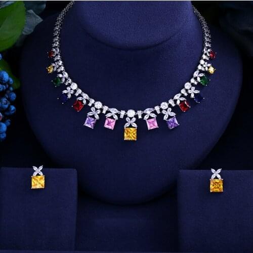 Jankelly Brass Multi Bridal Cubic Zirconia Necklace Earrings Sets For Women Luxury Dubai African CZ Stone Wedding Jewelry Sets