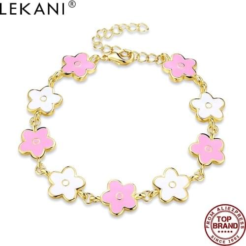 LEKANI Bracelets For Women Enamel Process Gold And Pink Flowers Charm Bracelet Fashion Jewelry Teenager Girl Gift New Arrival