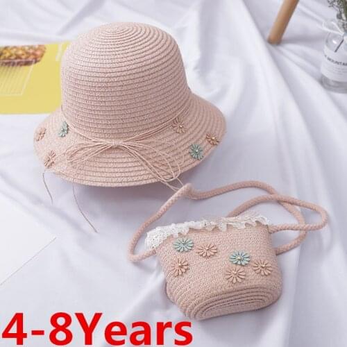 Zonneklep Summer Girl Kids Holiday Beach Bucket Breathable Cap Straw Sun Flower Hat+Shoulder Handbag Bag 2pcs Props Gift 3-7Y