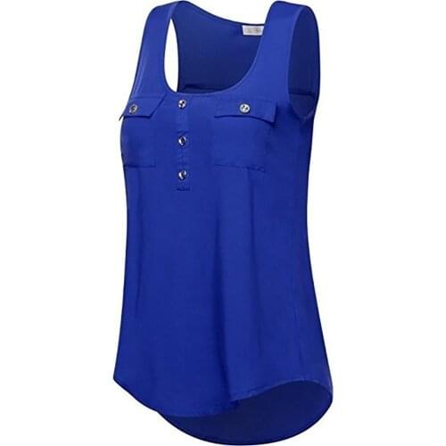 Tank Top Women Solid Color Scoop Neck Sleeveless Pockets Buttons Tank Top Vest Blouse Tank Tops Summer Sleeveless Loose Top