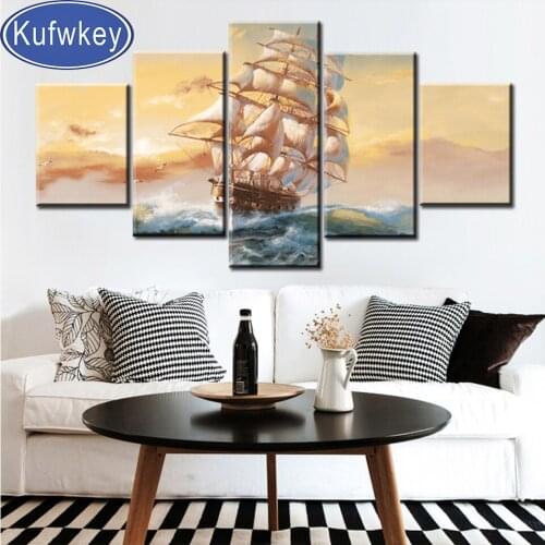 Multi-Panel diamond embroidery Ship Boats Sailing Full square / round diamond painting 5 Piece sets cross stitch kits painting