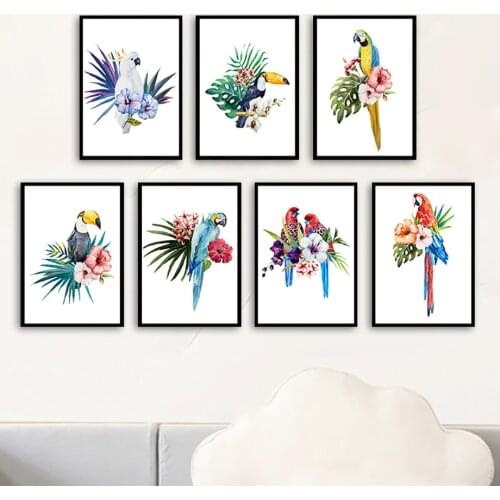 Macaw Rosella Parrot Toucan Monstera Palm Bird Wall Art Canvas Painting Nordic Posters And Prints Wall Pictures Kids Room Decor