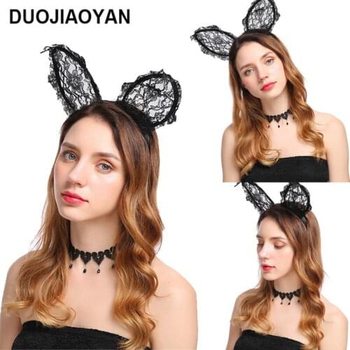 DUOJIAOYAN New Lace Cat Ears Headband Halloween Girls Women Headdress Sexy Animal Black Hairband Birthday Party Hair Accessories