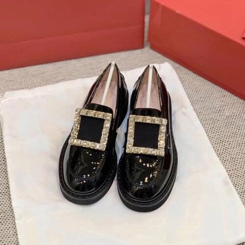 Japanned leather oxfords shoes woman metal crystal buckle flats creepers slip-on round toe loafers casual solid shine moccasins