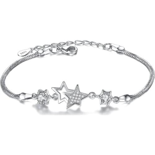 Authentic S925 Sterling Silver Crystal Stars Peach Blossoms Flower Bracelet Bangle For Women Girl Lady Wedding Birthday Gift