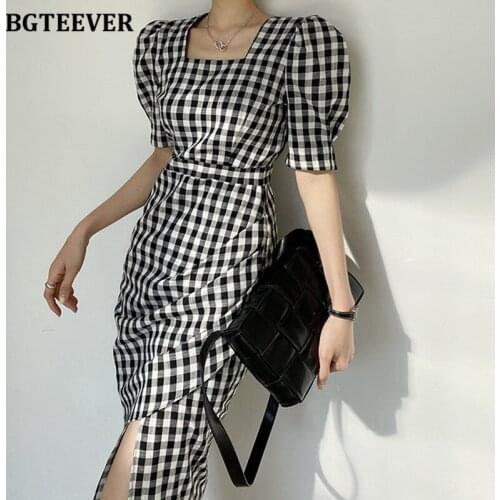 BGTEEVER Casual Square Collar Plaid Women Dress Puff Sleeve Slim Waist Female Split Dress Vintage 2021 Summer Vestidos