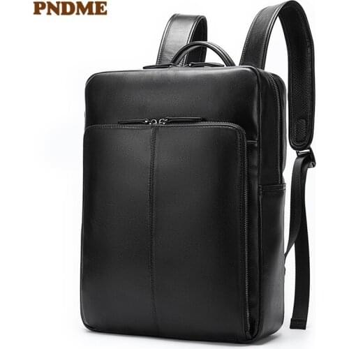 Casual simple genuine leather mens womens travel backpack large-capacity laptop bagpack real cowhide student black bookbag