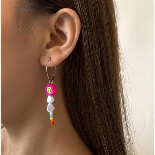 New Ins Ethnic Colorful Soft Pottery Smiley Earrings Simple Rice Bead Dangle Earrings For Women Girls Fashion Jewelry Gift