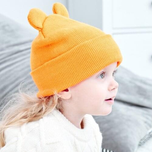 Cartoon Solid Color Bear Ear Baby Hat Soft Elastic Newborn Girl Boy Beanies Bonnet Autumn Winter Warm Infant Toddler Knitted Cap