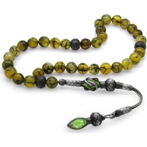 Tesbihane 1000 Sterling Silver Kazaz Tassels Sphere Cut Core Agate Natural Stone Rosary
