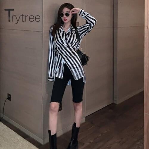 Trytree 2020 Summer Women Casual Blouse Turn-down Collar Vintage Fashion Stripe Temperament All-Purpose Style Elegant Blouse