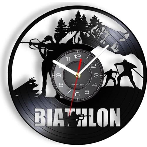 Biathlon Inspired Vinyl LP Record Wall Clock Winter Sport Home Decor Cross Country Skiing Rifle Shooting Retro Clock Timepieces