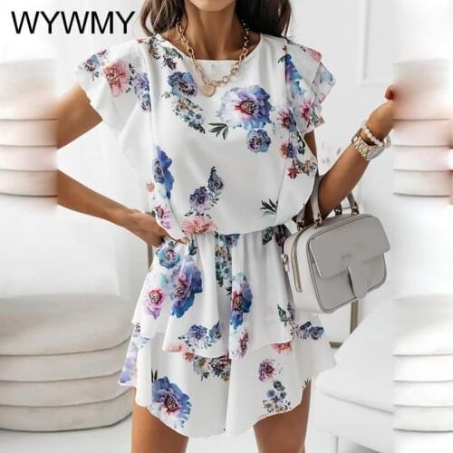 WYWMY Floral Print Summer Dress Women Short Sleeve Beach Mini Dresses Bohemian Casual Loose Cocktail Short Dress Sundress Rope