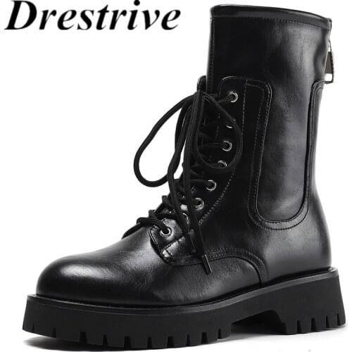 Drestrive Platform Dark Gray Low Heels Cross Tied Women Ankle Boots Zipper Big Size 43 Round Toe Street 2021 Winter Shoes