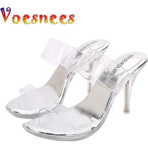 Voesnees Brand Shoes Women Sandals One Word With Female Summer Slippers Sexy Clear High Heels Open Toe Thin Heels 8cm Slides
