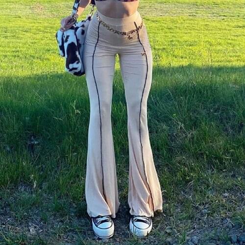 Khaki Vintage Y2K Joggers Women Harajuku Flare Pants Slim High Waist E Girl Aesthetic Trousers Female 90s Sweatpants