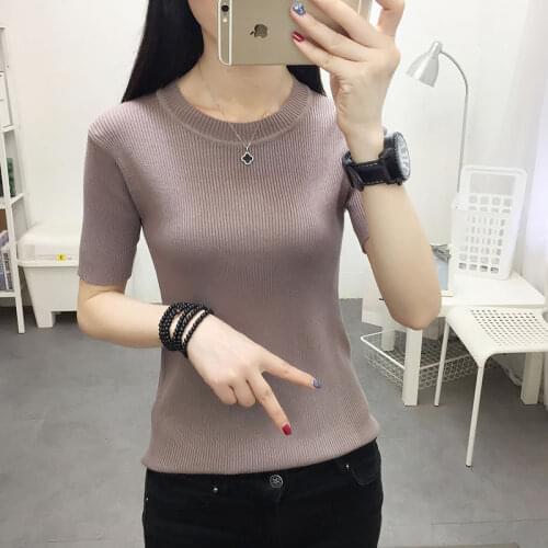 2021 New Summer Women Fashion Korean O-Neck Solid Color Jumper Tees Female Ice Silk All-match Short Sleeve Knitted T-Shirts A18