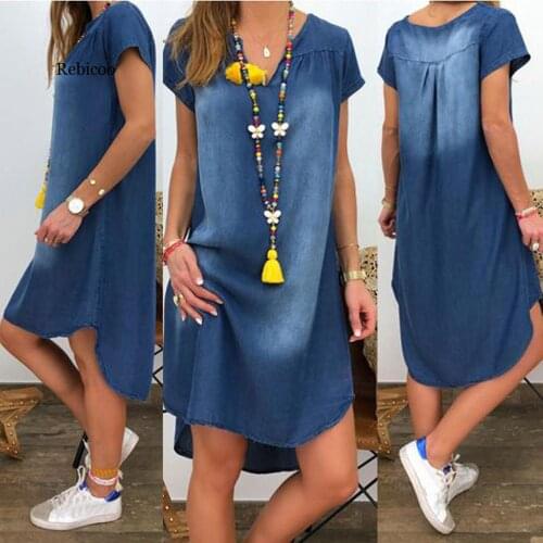 Summer Womens Casual Jeans Dress Fashion Cool V-Neck Denim Long Party Dresses Short Sleeve Swing Dress roupas femininas