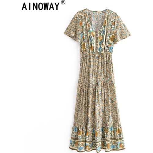 Vintage chic women Floral print single breasted beach Bohemian Maxi dress Ladies V neck sashes Summer Boho sundress vestidos