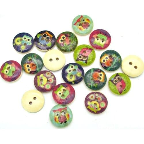 100pcs 15mm Mixed Natural Round Owl Series Pattern Wooden Buttons For Clothes Crafts Sewing Scrapbooking DIY Accessories