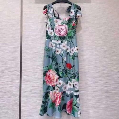 2021 Fashion Design Dress Summer Women Runway Vintage Flowers Printed Bow Spaghetti Strap Backless High Street Midi Dresses
