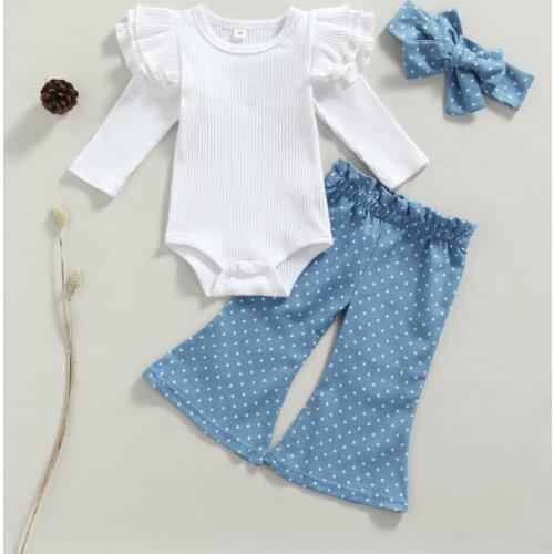 Newborn Baby Girls Casual Outfits Baby Girls Ribbed Fly Sleeve Knitted Romper Dot Print Flared Pants Bowknot Headband Set 3pcs