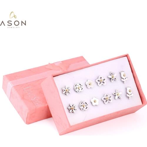 ASONSTEEL Earrings Set 6pairs/box Stainless Steel Silver Color Flower with Gold Ball Classic Stud Earrings Jewelry for Women