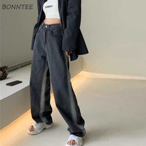 Jeans Women Gray High Waist Loose Preppy Fashion Side Stripe Cool Harajuku Simple Design Full Length Street Girls Summer Chic