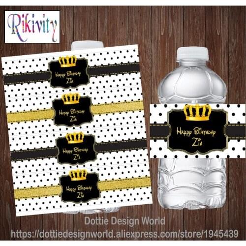 20pcs/lot Black Polka Dots Gold Crown Water Bottle Wine Labels Candy Bar Wrapper Stickers Baby Shower Birthday Party Decoration