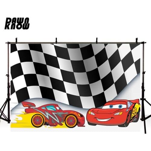 DAWNKNOW Customize Cartoon Racing Red Car Photography Background Backdrop Chequered Flag Birthday Party Decorate Photo Studio