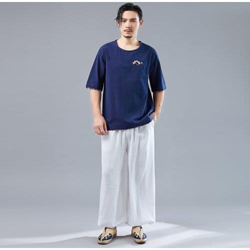 Men Sweatshirt Linen Chinese Traditional Short Sleeve Loose T-shirt Casual Jogger Running Workout Athletic Yoga Taichi Shirt