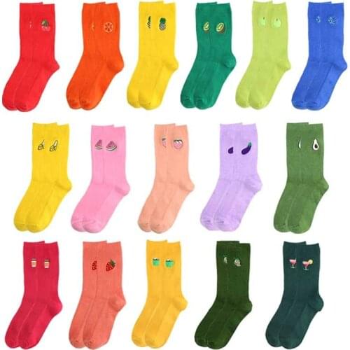 Harajuku Spring Embroidery Socks Women Strawberry Coffee Banana Cotton Happy Funny Fruit Sock Cute Girls Stockings Rainbow Sox