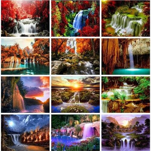 HUACAN 5D DIY Diamond Painting Full Round Square Waterfall Rhinestones Diamond Embroidery Landscape Mosaic Decor For Home
