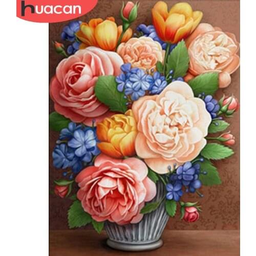 HUACAN Diamond Painting Flower 5D Diy Embroidery Mosaic Rose Vase Diamond Art Decoration For Home