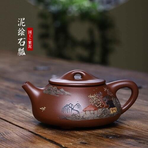 Yixing Original Ore Purple Clay Teapot Handmade Purple Clay Mud Painted Scenery Boat Stone Scoop Large Capacity Chinese Pot