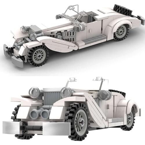 MOC Retro Style Manual Push Wheels White Car Building Blocks high-tech Mechanical Vintage Roadster Vehicle Brick Childrens Toys