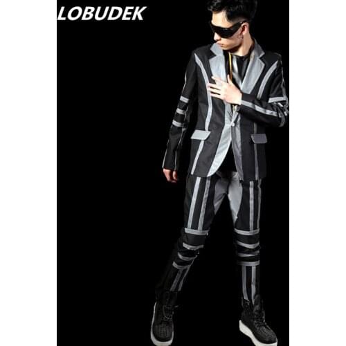 Tide Cool Mens singer Hip Hop Rock Costumes Fluorescent grey reflection of light Male Suits Dancer stage DJ DS performance suit