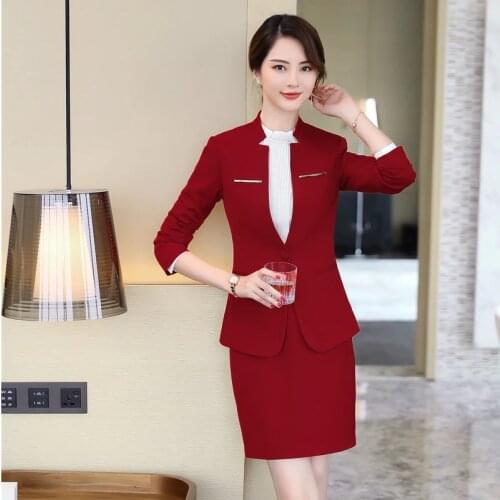 Novelty Red Ladies Formal Business Suits With Skirt and Blazers & Jackets Coat Women OL Styles 2019 Spring Autumn Uniforms Set