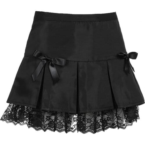 New Stylish Women High Waist Ruffled Mini Skirt A-line Sexy Lace Patched Bow Tie Slim Miniskirt Streetwear