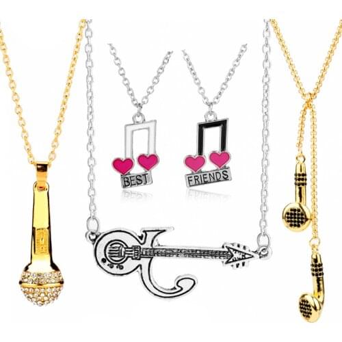Microphone Crystal Chain Necklace Rapper Headphone Guitar Music Note Charms Pendants Necklaces Fashion Jewelry Men Women Gifts