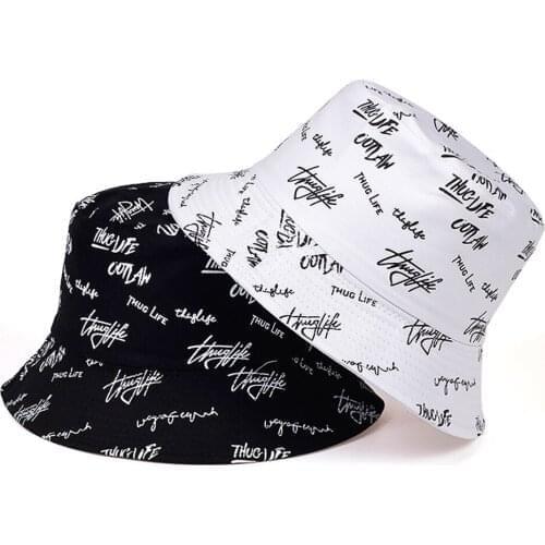Cotton Bucket Hat Graffiti Letter Women Men Fishing Fisherman Panama Hat Double-sided Panama Cap for Boys/Girls