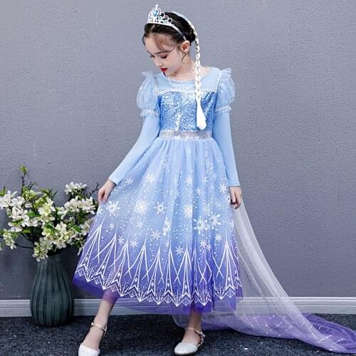 Elsa Snow Queen Dress for Girls Halloween Princess Cosplay Costumes kid Autumn Lace Cotton Dress Party Wedding Dress