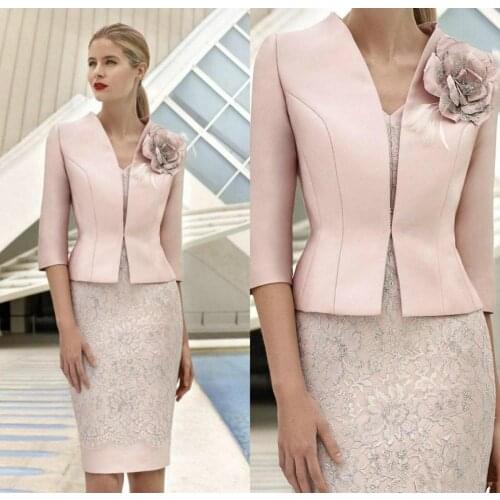 Elegant Pink Mother Of The Bride Dresses With Jacket Lace Appliqued Beads Wedding Guest Dress Knee Length Flower Formal Mother O