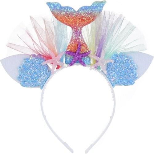 Rainbow Mermaid Headband Under the Sea Party Decor Princess Girl Mermaid Birthday Party Net Yarn Flower Animal Hair Accessories