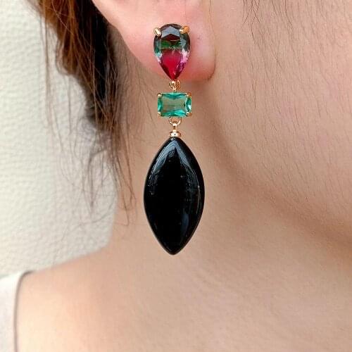 YYGEM Natural Marquise Onyx Black Onyx Multi Color Crystal Pave Stud Earrings