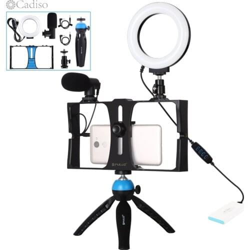 Cadiso 4 in 1 Vlogging Live Broadcast Video U Rig Stabilizer for Phone with 4.6 inch Ring LED Light Microphone Tripod Mount Head