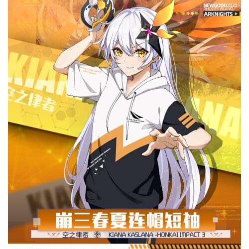 Japan Anime Honkai Impact 3 Kiana Kaslana Cosplay Men Women Hooded Short Sleeve T-shirt Fashion Casual Summer Cotton Tee Tops