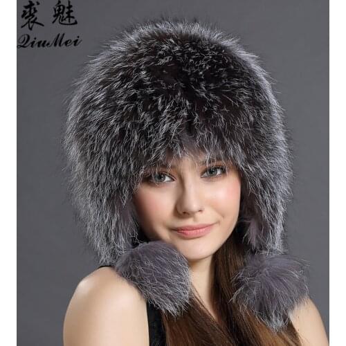 Women Winter Hat Earflap Real Fox Fur Cap Warm Genuine Fur Caps With Earflaps Female Raccoon Fur Hat Russian Bomber Hats Ushanka